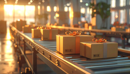 Parcels in Transit: A dynamic view captures an automated assembly line, with parcels moving seamlessly, suggesting efficient global shipment and delivery in a vibrant warehouse setting.