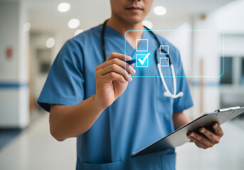 Doctor checking off a task on a digital checklist with a pen, medical concept.