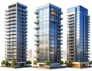 A realistic AI-generated set of modern high-rise apartment towers, glass façades and clean lines, arranged side by side, isolated on transparent background for real estate or city design use.