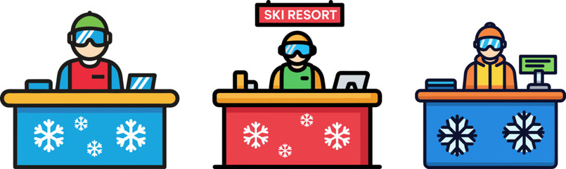 Ski resort counters with staff in winter gear and snowflakes  