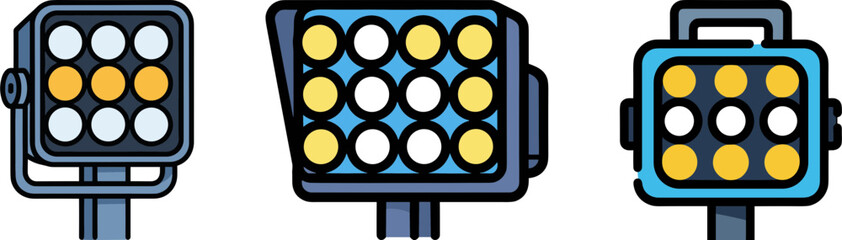 Illustrated various floodlights in different designs and colors  