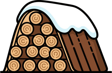 Log pile covered with snow in winter setting  