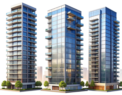  A realistic AI-generated set of modern high-rise apartment towers, glass façades and clean lines,  arranged side by side, isolated on transparent background for real estate or city design use. - Powered by Adobe