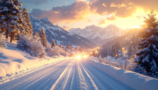 Winter Wonderland Road: A snow-covered road leads into a captivating winter landscape. The scene is illuminated by the soft light of sunset, casting a golden glow upon the mountains.