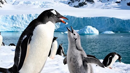 Gentoo penguins standing at waters edge, their tuxedo like feathers glistening in the sunlight, surrounded by serene natural landscape, capturing the concept of resilience and community.