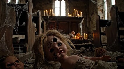 Creepy dolls in a darkened room with cobwebs and flickering candlelight - Powered by Adobe