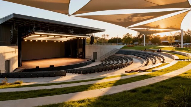 Medium shot capturing a convertible amphitheater with retractable sections and adaptable lighting for live performances and community activities.