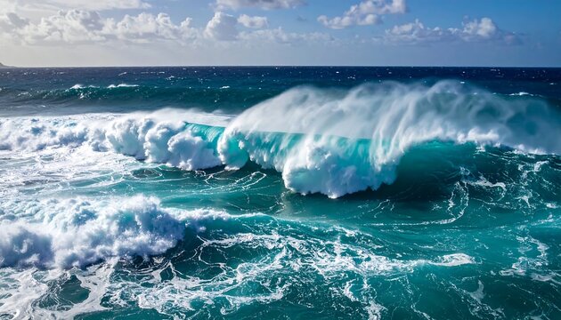 Breaking ocean wave with clear blue water and white foam