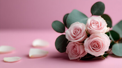 Fototapeta premium Elegant Pink Roses with Eucalyptus on Pink Background.