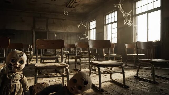 Creepy dolls in abandoned classroom with aged wooden chairs