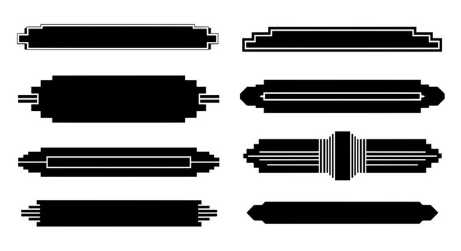 A set of eight black and white Art Deco style banners and frames. These geometric vector shapes are ideal for vintage labels or roaring 20s designs.