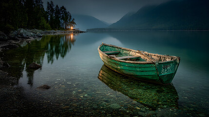 Obraz premium Tranquil Evening A Green Boat on a Calm Lake.