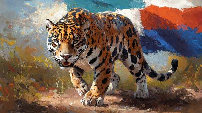 A powerful jaguar walking in vibrant landscape.