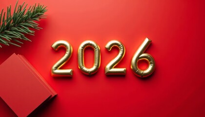 Golden numbers 2026 on a red background with a green pine branch and a red gift box. Ideal for New Year celebrations and copy space.