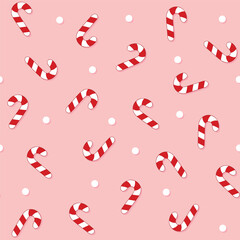 candy canes seamless pattern on a pink background for Christmas postcards, wrapping paper, fabric, textile, tablecloths or bedding, vector illustration