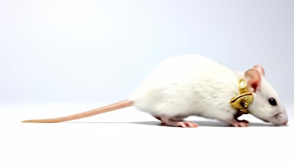 A debonair white rat, resplendent in its gold bow tie, indulges in a luxurious culinary experience with its stylish companions on a sleek table, capturing the refined concept of sophisticated.