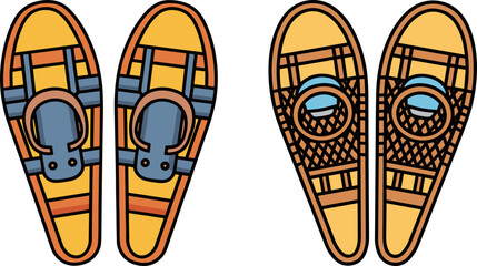 Vintage snowshoes with wooden frames and modern bindings  