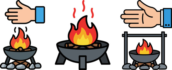 Hand gestures near campfire with flame and cooking equipment  