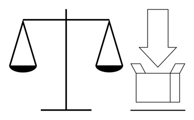 Balanced scales next to an arrow pointing into a box, symbolizing decision-making, judgments, balance, choice, fairness, distribution, and justice. Ideal for business law ethics equality