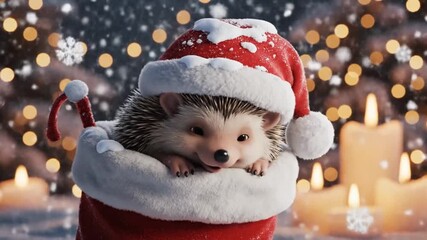 cute hedgehog wearing santa hat in christmas snow scene - Powered by Adobe