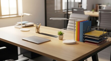 Modern organized office desk interior with books and plants