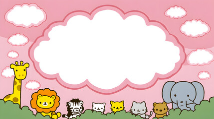 Cute Animal Cartoon Frame with Pink Cloud and Sky.