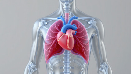 Anatomical illustration of human torso displaying heart and lungs, showcasing intricate details of respiratory and circulatory systems. This educational image highlights vital organs and their