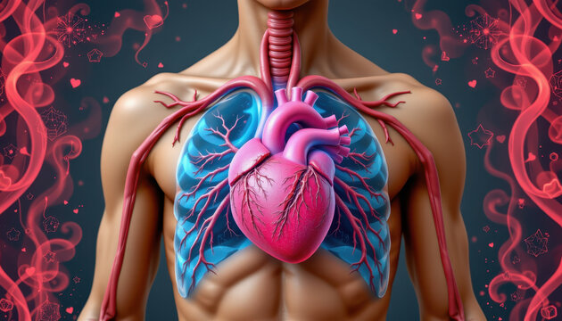 Anatomical illustration of human chest displaying heart and lungs, showcasing detailed blood vessels and vibrant color scheme. image evokes sense of life and vitality