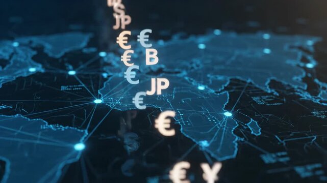 Currency symbols overlaying a world map representing global finance - Powered by Adobe