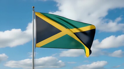 Vibrant Jamaican flag waving proudly against a bright blue sky with fluffy white clouds in a patriotic display of national pride