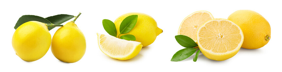 Set of fresh lemons on white background. Citrus fruit