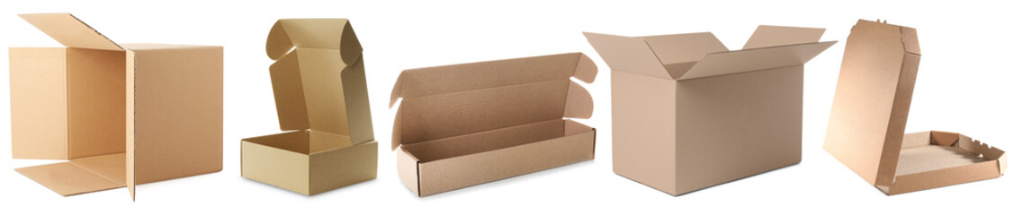 Open cardboard boxes isolated on white, set. Different sides of packagings