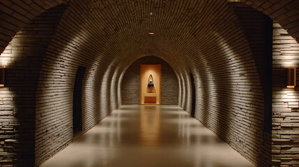 Mysterious Tunnel with Arched Brick Walls and Distant Figure.