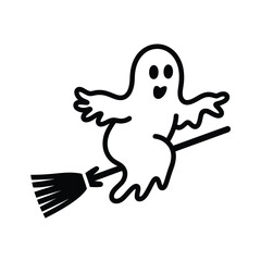 Cute cartoon ghost flying on a broomstick for halloween