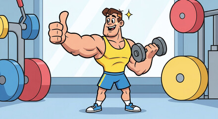 Cartoon bodybuilder showing thumbs up in the gym with weights