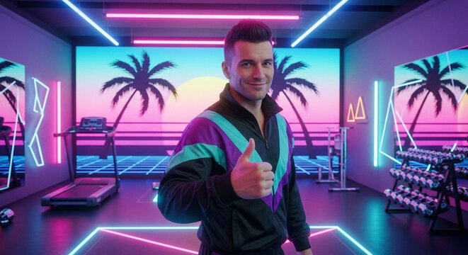 Man in 80s style gym with neon lights and palm trees showing thumbs up