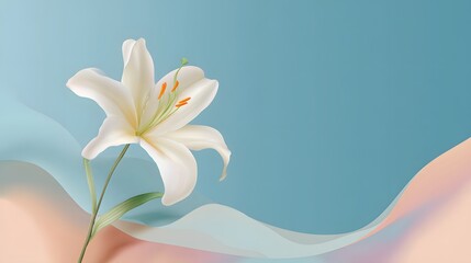 Fototapeta premium Beautiful white lily blossom stands against a soft background of flowing pastel shapes