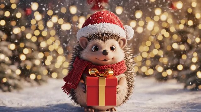 cute hedgehog in santa hat holds christmas gift snow scene