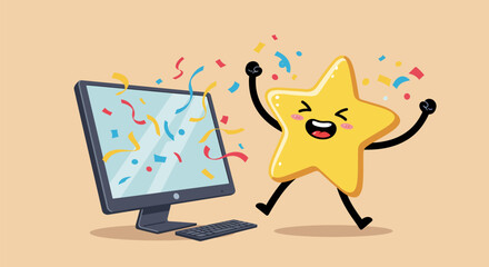 Computer and happy star celebrating with confetti and joy.