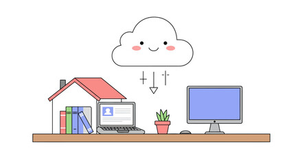 Cloud computing concept with home, laptop, and desktop computer.