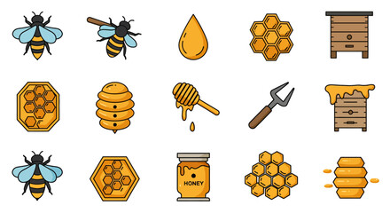 Collection of various bee-related icons and illustrations for design.