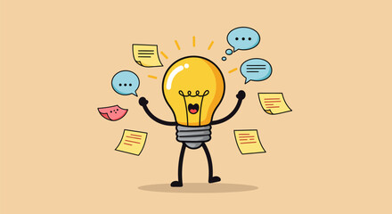 Creative lightbulb character with ideas and thoughts floating around.