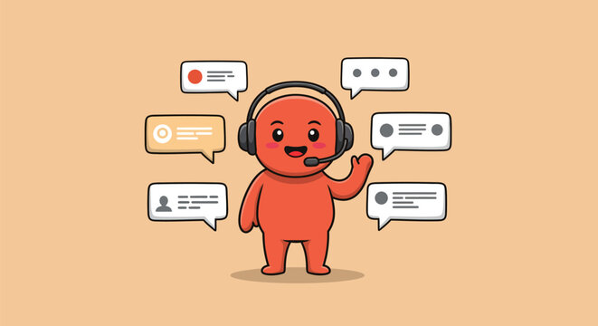 Customer service representative with headset surrounded by speech bubbles.