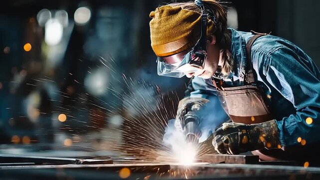 Skilled worker welding metal in a workshop, sparks flying, with industrial tools and machinery in background
