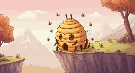 Cute cartoon beehive character standing on a cliff with bees.