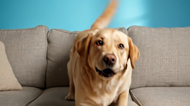 A happy dog with its tongue out sits comfortably on a blue couch radiating carefree joy, conveying lighthearted relaxation and contentment perfectly capturing the concept of unwinding and taking.