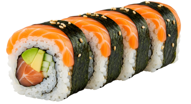 Fresh salmon avocado sushi roll with sesame seeds isolated on transparent background