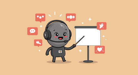 Cute robot teacher presenting on a whiteboard with social media icons.