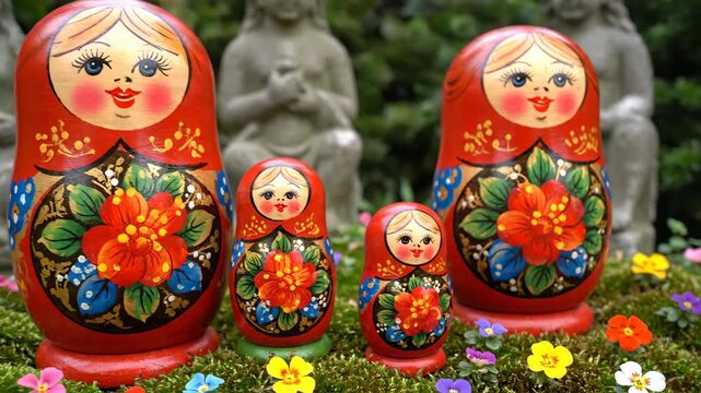 Decorated wooden dolls in a row with flower details on a green surface
