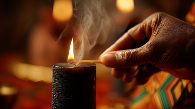 Lighting a black candle for Kwanzaa in USA, symbolizing heritage, unity, and family values during the celebration